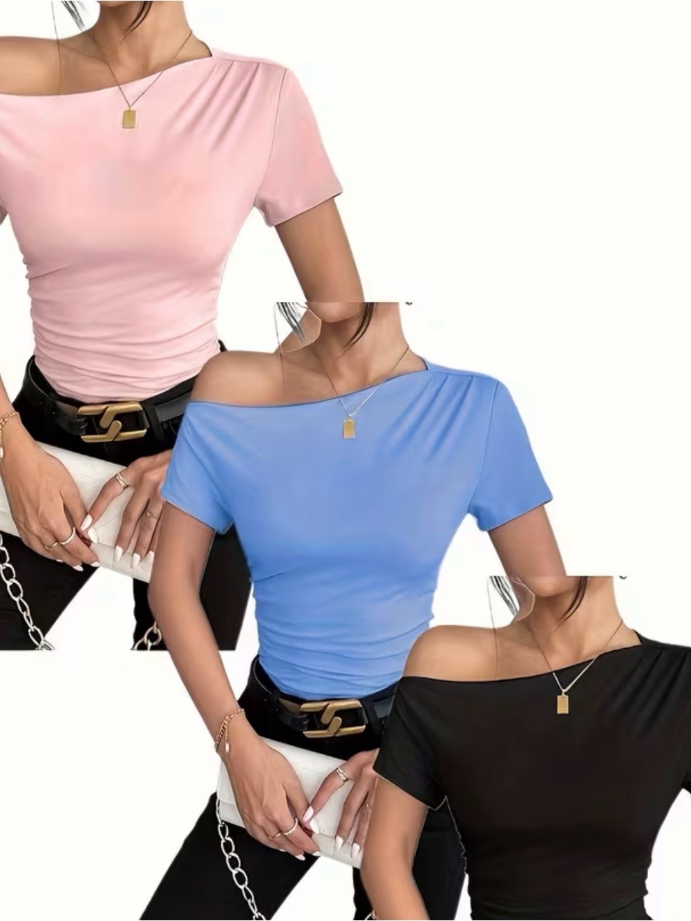 Amazon Off-Shoulder Short Sleeve Top - Pink, Blue, Black